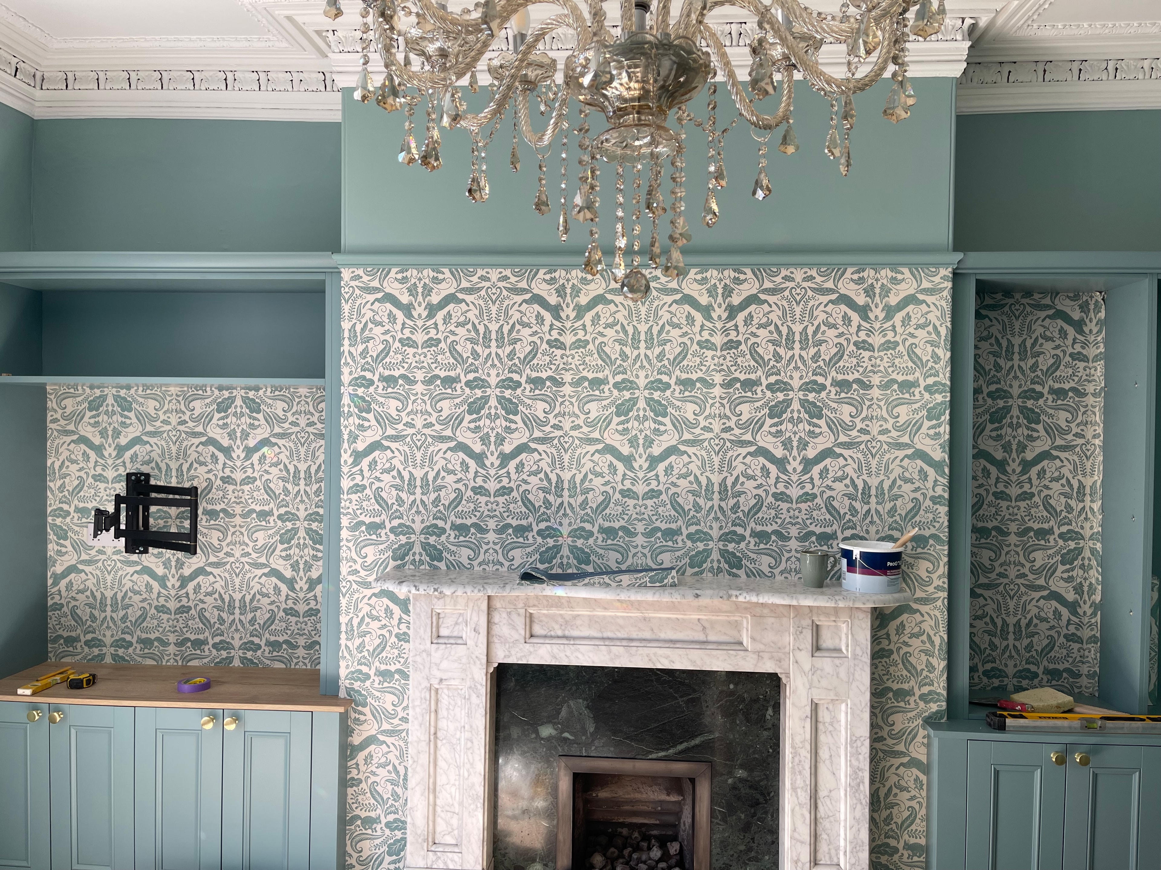Period Sitting Room — Teal Cabinetry & Damask Wallpaper
