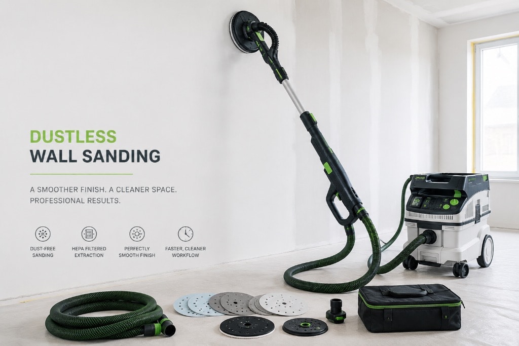 Festool dust-free sanding system — long-reach sander with HEPA extraction unit, hoses, and sanding pads